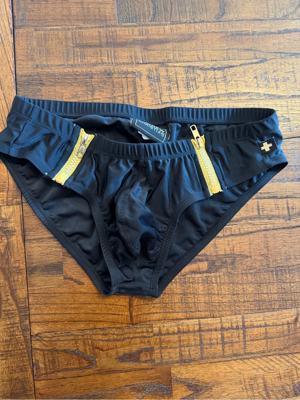 Andrew Christian Black Swim Briefs with Gold Zippers